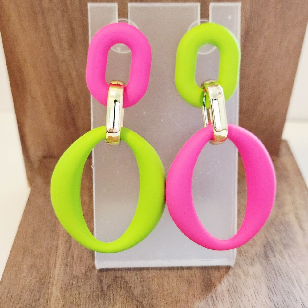 Neon Pink Lime Green Matte Colorblock Oval Drop Earrings Retro 80s Style Gold‎